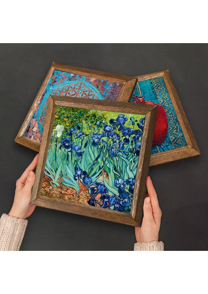 Van Gogh Kafe Terasta Gece, İrisler, Yıldızlı Gece Taş Duvar Tablosu Ahşap Çerçeveli Duvar Dekoru 3 Parça Tablo Seti Wall Art W3-463