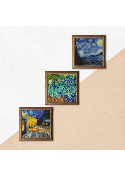 Van Gogh Kafe Terasta Gece, İrisler, Yıldızlı Gece Taş Duvar Tablosu Ahşap Çerçeveli Duvar Dekoru 3 Parça Tablo Seti Wall Art W3-463