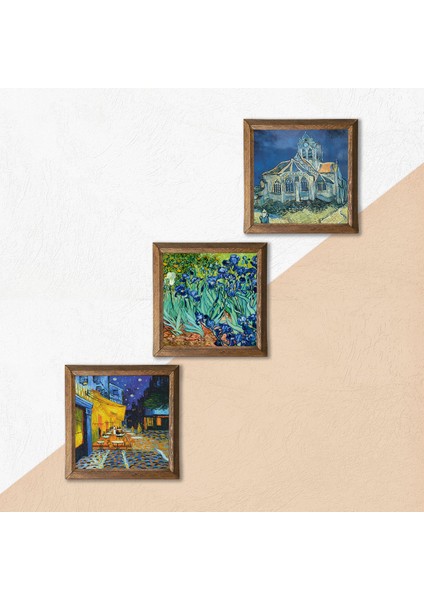 Van Gogh Auvers'deki Kilise, Kafe Terasta Gece, İrisler Taş Duvar Tablosu Ahşap Çerçeveli Duvar Dekoru 3 Parça Tablo Seti Wall Art W3-481
