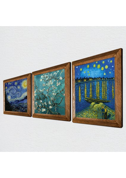 Van Gogh Ren Nehri, Yıldızlı Gece, Badem Ağacı Taş Duvar Tablosu Ahşap Çerçeveli Duvar Dekoru 3 Parça Tablo Seti Wall Art W3-568