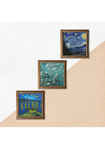 Van Gogh Ren Nehri, Yıldızlı Gece, Badem Ağacı Taş Duvar Tablosu Ahşap Çerçeveli Duvar Dekoru 3 Parça Tablo Seti Wall Art W3-568