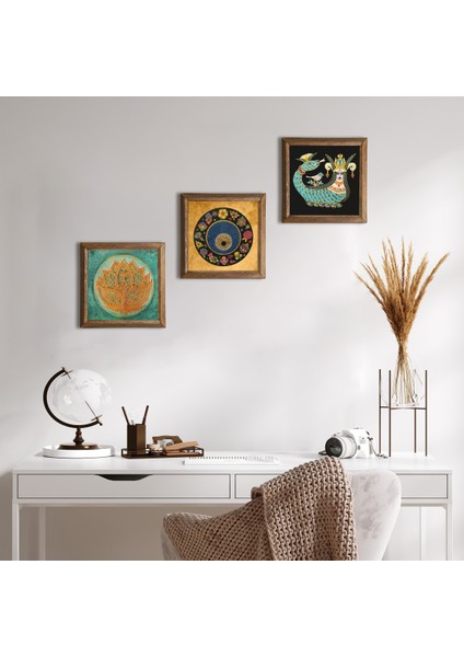 Lotus Çiçeği, Lale Ebru Sanatı, Şahmeran Taş Duvar Tablosu Ahşap Çerçeveli Duvar Dekoru 3 Parça Tablo Seti Wall Art W3-658