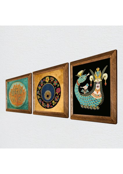 Lotus Çiçeği, Lale Ebru Sanatı, Şahmeran Taş Duvar Tablosu Ahşap Çerçeveli Duvar Dekoru 3 Parça Tablo Seti Wall Art W3-658