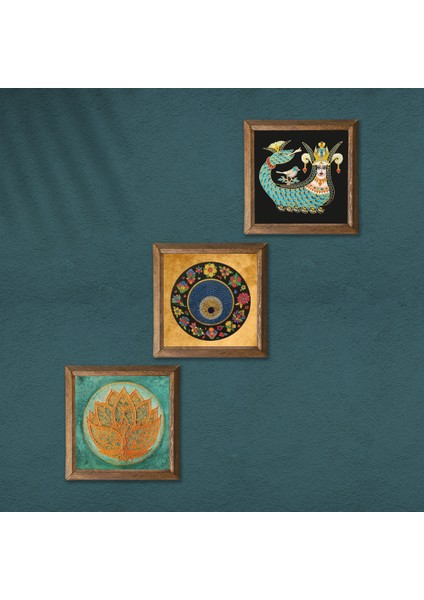 Lotus Çiçeği, Lale Ebru Sanatı, Şahmeran Taş Duvar Tablosu Ahşap Çerçeveli Duvar Dekoru 3 Parça Tablo Seti Wall Art W3-658
