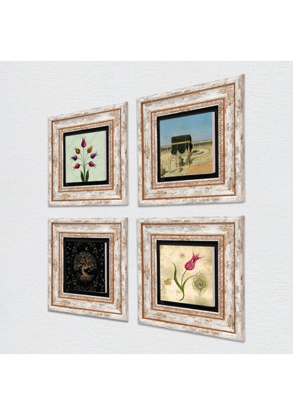 Hayat Ağacı, Lale, Kabe-i Muazzama Taş Duvar Tablosu Çerçeveli Duvar Dekoru 4 Parça Tablo Seti Wall Art T4-385 fiyatları