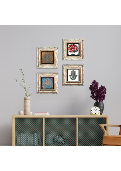 Yaşam Çiçeği, Nar Ağacı, Fatma Ana Eli (Hamsa) Taş Duvar Tablosu Çerçeveli Duvar Dekoru 4 Parça Tablo Seti Wall Art T4-401