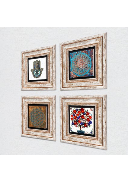 Yaşam Çiçeği, Nar Ağacı, Fatma Ana Eli (Hamsa) Taş Duvar Tablosu Çerçeveli Duvar Dekoru 4 Parça Tablo Seti Wall Art T4-401