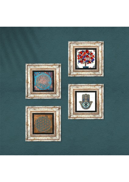 Yaşam Çiçeği, Nar Ağacı, Fatma Ana Eli (Hamsa) Taş Duvar Tablosu Çerçeveli Duvar Dekoru 4 Parça Tablo Seti Wall Art T4-401