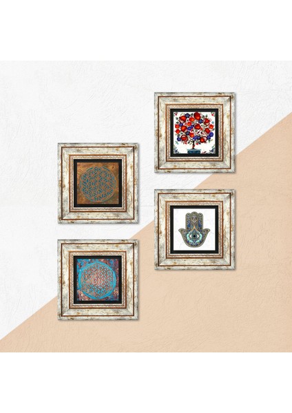 Yaşam Çiçeği, Nar Ağacı, Fatma Ana Eli (Hamsa) Taş Duvar Tablosu Çerçeveli Duvar Dekoru 4 Parça Tablo Seti Wall Art T4-401