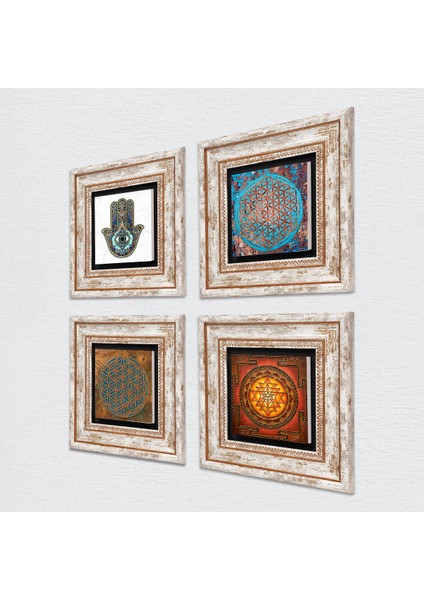 Yaşam Çiçeği, Sri Yantra, Fatma Ana Eli (Hamsa) Çerçeveli Taş Duvar Tablosu 4’lü Set - Dekoratif Modern Sanat, Ev ve Ofis Dekoru |TK4-415| fiyatları