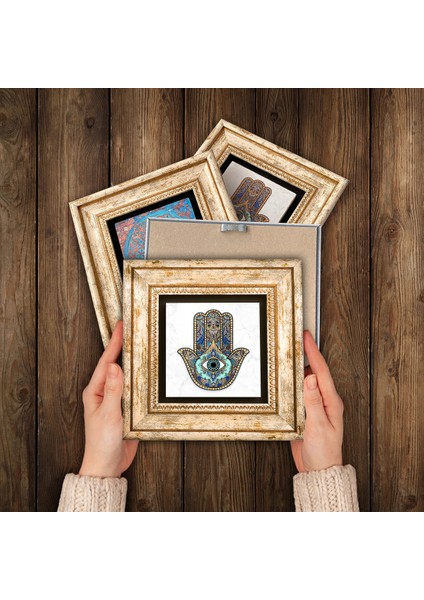 Yaşam Çiçeği, Sri Yantra, Fatma Ana Eli (Hamsa) Çerçeveli Taş Duvar Tablosu 4’lü Set - Dekoratif Modern Sanat, Ev ve Ofis Dekoru |TK4-415| modelleri