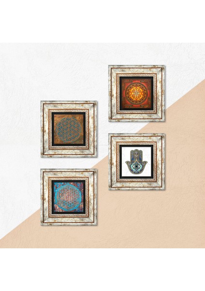 Yaşam Çiçeği, Sri Yantra, Fatma Ana Eli (Hamsa) Çerçeveli Taş Duvar Tablosu 4’lü Set - Dekoratif Modern Sanat, Ev ve Ofis Dekoru |TK4-415| indirimleri