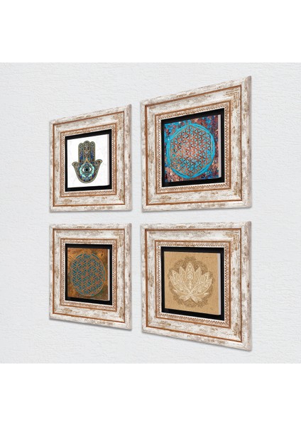 Stone Yaşam Çiçeği, Lotus Çiçeği, Fatma Ana Eli (Hamsa) Çerçeveli Taş Duvar Tablosu 4’lü Set - Dekoratif Modern Sanat, Ev ve Ofis Dekoru |TK4-421| fiyatları
