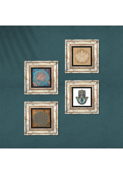 Stone Yaşam Çiçeği, Lotus Çiçeği, Fatma Ana Eli (Hamsa) Çerçeveli Taş Duvar Tablosu 4’lü Set - Dekoratif Modern Sanat, Ev ve Ofis Dekoru |TK4-421| fırsatları