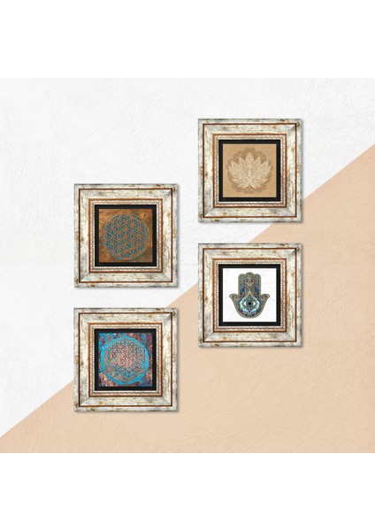 Stone Yaşam Çiçeği, Lotus Çiçeği, Fatma Ana Eli (Hamsa) Çerçeveli Taş Duvar Tablosu 4’lü Set - Dekoratif Modern Sanat, Ev ve Ofis Dekoru |TK4-421| indirimleri