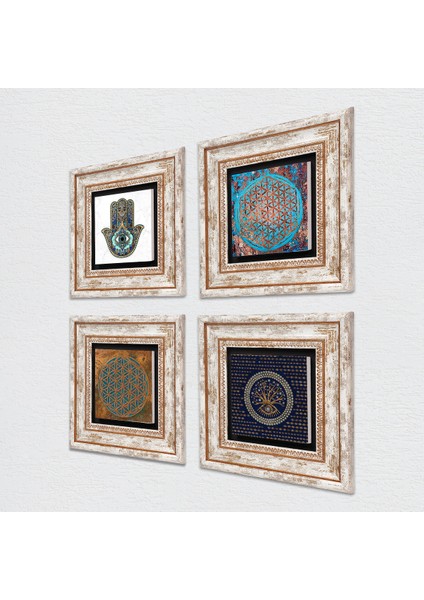 Stone Nazar, Yaşam Çiçeği, Fatma Ana Eli (Hamsa) Çerçeveli Taş Duvar Tablosu 4’lü Set - Dekoratif Modern Sanat, Ev ve Ofis Dekoru |TK4-426| fiyatları