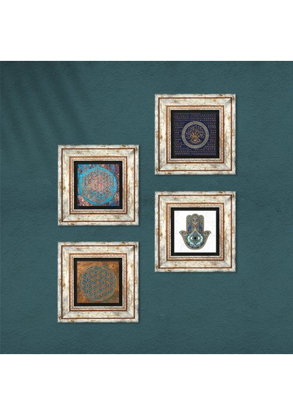 Stone Nazar, Yaşam Çiçeği, Fatma Ana Eli (Hamsa) Çerçeveli Taş Duvar Tablosu 4’lü Set - Dekoratif Modern Sanat, Ev ve Ofis Dekoru |TK4-426| fırsatları