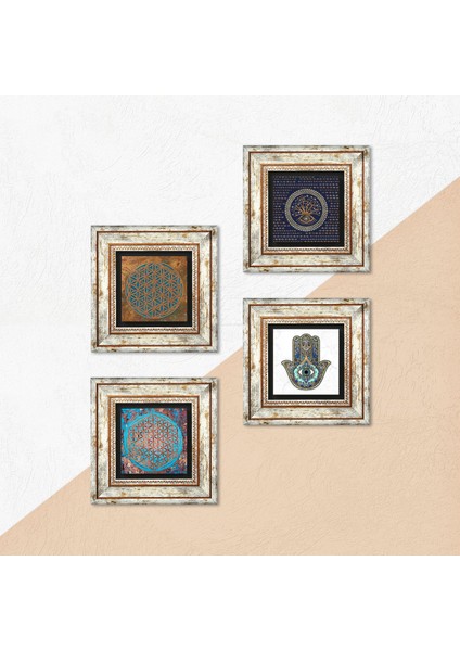 Stone Nazar, Yaşam Çiçeği, Fatma Ana Eli (Hamsa) Çerçeveli Taş Duvar Tablosu 4’lü Set - Dekoratif Modern Sanat, Ev ve Ofis Dekoru |TK4-426| indirimleri