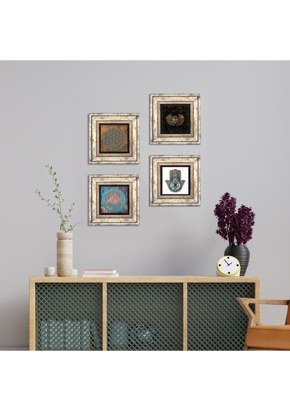 Horus'un Gözü, Yaşam Çiçeği, Fatma Ana Eli (Hamsa) Taş Duvar Tablosu Çerçeveli Duvar Dekoru 4 Parça Tablo Seti Wall Art T4-428