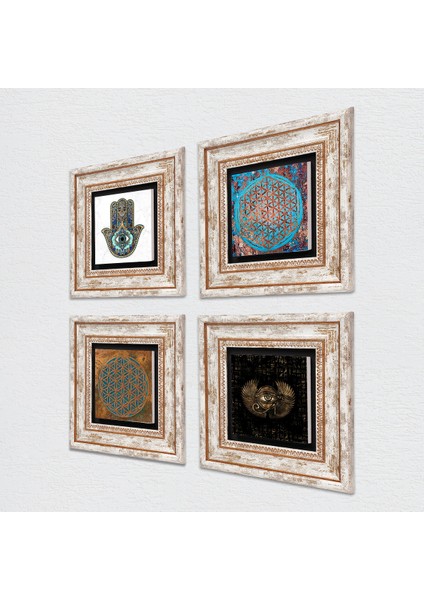 Horus'un Gözü, Yaşam Çiçeği, Fatma Ana Eli (Hamsa) Taş Duvar Tablosu Çerçeveli Duvar Dekoru 4 Parça Tablo Seti Wall Art T4-428
