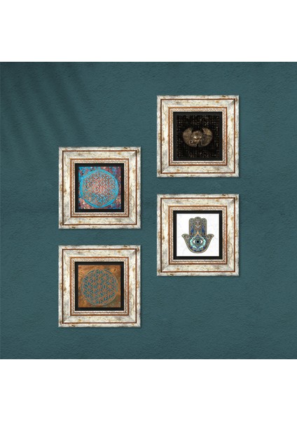 Horus'un Gözü, Yaşam Çiçeği, Fatma Ana Eli (Hamsa) Taş Duvar Tablosu Çerçeveli Duvar Dekoru 4 Parça Tablo Seti Wall Art T4-428