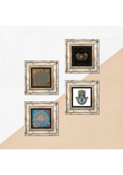 Horus'un Gözü, Yaşam Çiçeği, Fatma Ana Eli (Hamsa) Taş Duvar Tablosu Çerçeveli Duvar Dekoru 4 Parça Tablo Seti Wall Art T4-428