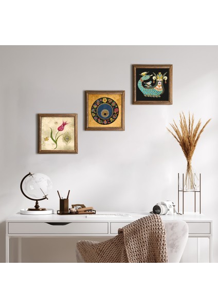 Lale Ebru Sanatı, Nazar, Şahmeran Taş Duvar Tablosu Ahşap Çerçeveli Duvar Dekoru 3 Parça Tablo Seti Wall Art W3-649