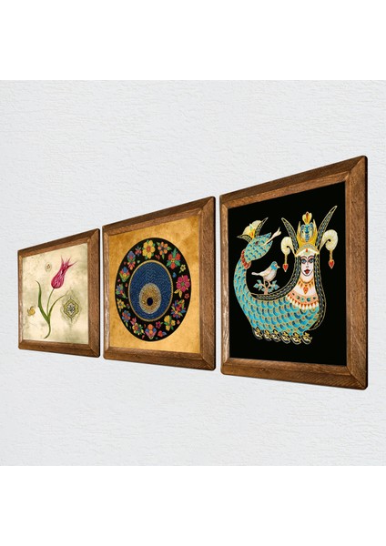 Lale Ebru Sanatı, Nazar, Şahmeran Taş Duvar Tablosu Ahşap Çerçeveli Duvar Dekoru 3 Parça Tablo Seti Wall Art W3-649