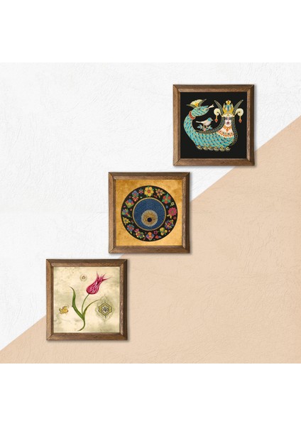 Lale Ebru Sanatı, Nazar, Şahmeran Taş Duvar Tablosu Ahşap Çerçeveli Duvar Dekoru 3 Parça Tablo Seti Wall Art W3-649