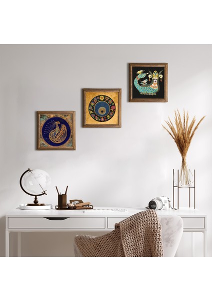 Tavus Kuşu, Lale Ebru Sanatı, Şahmeran Taş Duvar Tablosu Ahşap Çerçeveli Duvar Dekoru 3 Parça Tablo Seti Wall Art W3-657