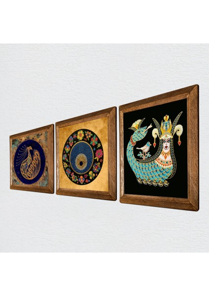 Tavus Kuşu, Lale Ebru Sanatı, Şahmeran Taş Duvar Tablosu Ahşap Çerçeveli Duvar Dekoru 3 Parça Tablo Seti Wall Art W3-657