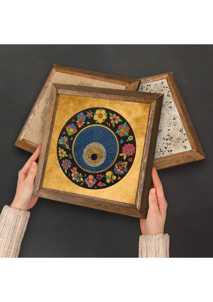 Tavus Kuşu, Lale Ebru Sanatı, Şahmeran Taş Duvar Tablosu Ahşap Çerçeveli Duvar Dekoru 3 Parça Tablo Seti Wall Art W3-657