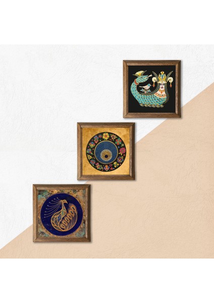 Tavus Kuşu, Lale Ebru Sanatı, Şahmeran Taş Duvar Tablosu Ahşap Çerçeveli Duvar Dekoru 3 Parça Tablo Seti Wall Art W3-657