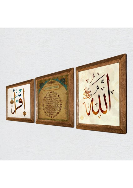 İlk Ayet 'Oku', Allah Lafzı, Bereket Duası Taş Duvar Tablosu Ahşap Çerçeveli Duvar Dekoru 3 Parça Tablo Seti Wall Art W3-676
