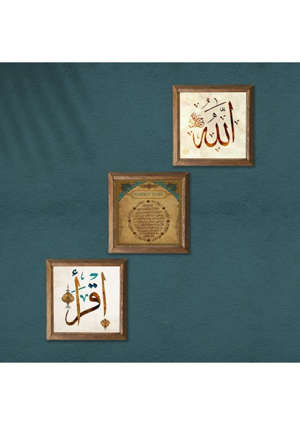 İlk Ayet 'Oku', Allah Lafzı, Bereket Duası Taş Duvar Tablosu Ahşap Çerçeveli Duvar Dekoru 3 Parça Tablo Seti Wall Art W3-676