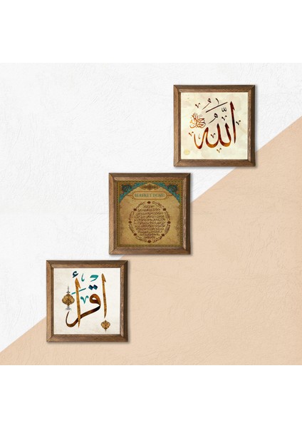İlk Ayet 'Oku', Allah Lafzı, Bereket Duası Taş Duvar Tablosu Ahşap Çerçeveli Duvar Dekoru 3 Parça Tablo Seti Wall Art W3-676