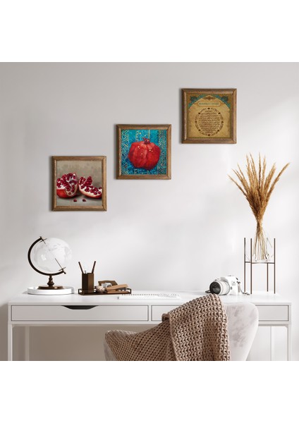 Bereket Duası, Nar Taş Duvar Tablosu Ahşap Çerçeveli Duvar Dekoru 3 Parça Tablo Seti Wall Art W3-806