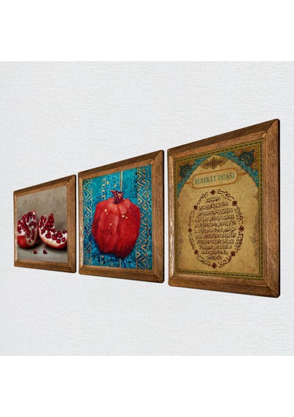 Bereket Duası, Nar Taş Duvar Tablosu Ahşap Çerçeveli Duvar Dekoru 3 Parça Tablo Seti Wall Art W3-806