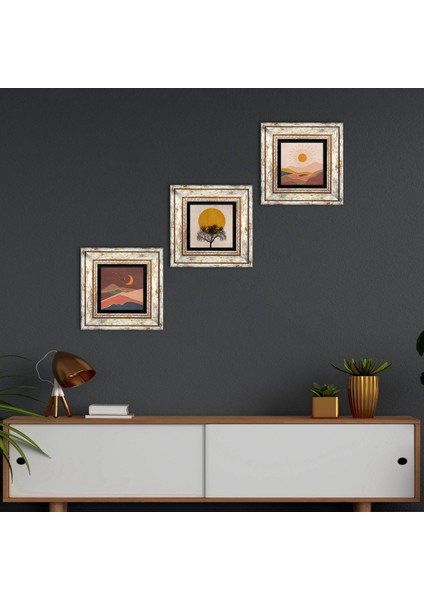 Stone Minimalist, Bohem Çerçeveli Taş Duvar Tablosu 3’lü Set - Dekoratif Modern Sanat, Ev ve Ofis Dekoru |TK3-1710|