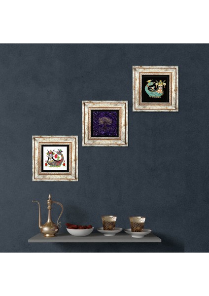 Hayat Ağacı, Şahmeran Taş Duvar Tablosu Çerçeveli Duvar Dekoru 3 Parça Tablo Seti Wall Art T3-1872