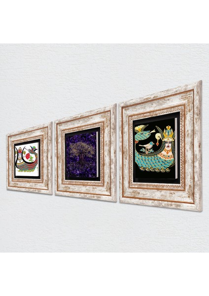 Hayat Ağacı, Şahmeran Taş Duvar Tablosu Çerçeveli Duvar Dekoru 3 Parça Tablo Seti Wall Art T3-1872