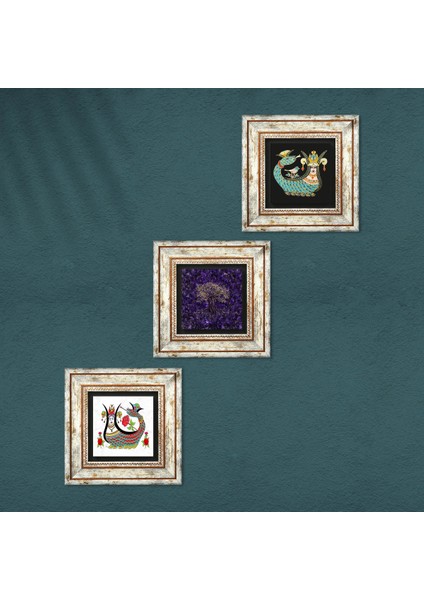 Hayat Ağacı, Şahmeran Taş Duvar Tablosu Çerçeveli Duvar Dekoru 3 Parça Tablo Seti Wall Art T3-1872