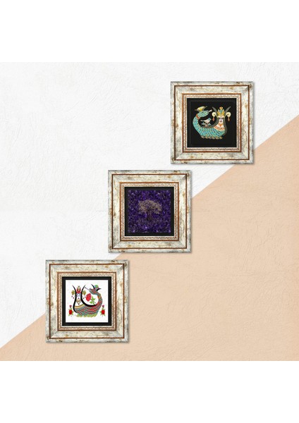 Hayat Ağacı, Şahmeran Taş Duvar Tablosu Çerçeveli Duvar Dekoru 3 Parça Tablo Seti Wall Art T3-1872