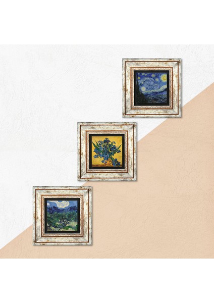Van Gogh Zeytin Ağaçları, Süsenler, Yıldızlı Gece Çerçeveli Taş Duvar Tablosu 3’lü Set - Dekoratif Modern Sanat, Ev ve Ofis Dekoru |TK3-580| indirimleri