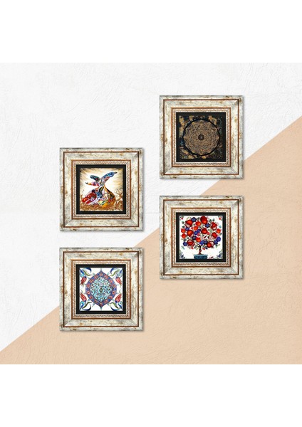 Sri Yantra, Çini Sanatı, Semazen, Nar Ağacı Taş Duvar Tablosu Çerçeveli Duvar Dekoru 4 Parça Tablo Seti Wall Art T4-259