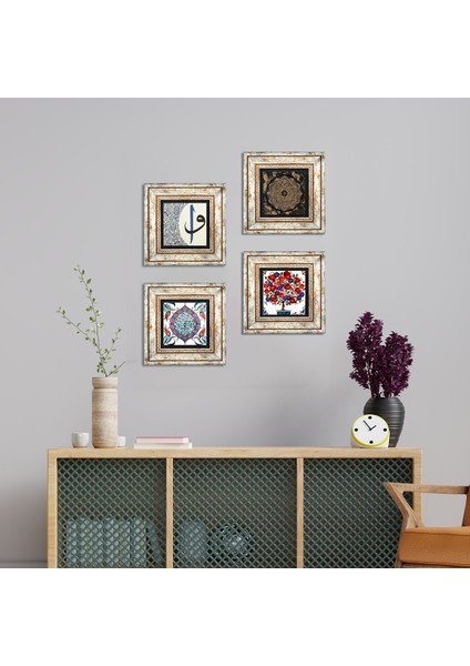 Sri Yantra, Çini Sanatı, Elif-Vav, Nar Ağacı Taş Duvar Tablosu Çerçeveli Duvar Dekoru 4 Parça Tablo Seti Wall Art T4-263