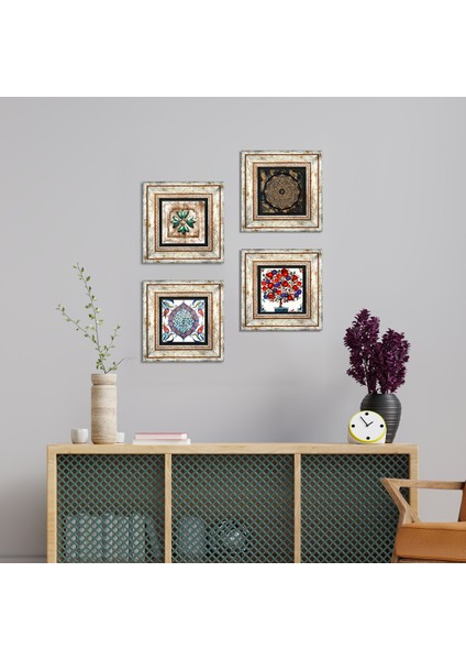 Sri Yantra, Fas Desenli Vintage, Çini Sanatı, Nar Ağacı Taş Duvar Tablosu Çerçeveli Duvar Dekoru 4 Parça Tablo Seti Wall Art T4-269