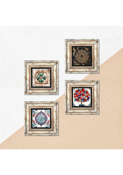 Sri Yantra, Fas Desenli Vintage, Çini Sanatı, Nar Ağacı Taş Duvar Tablosu Çerçeveli Duvar Dekoru 4 Parça Tablo Seti Wall Art T4-269 indirimleri