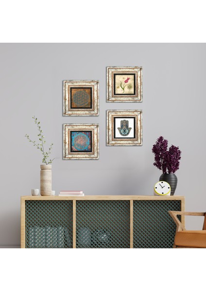Stone Yaşam Çiçeği, Lale, Fatma Ana Eli (Hamsa) Çerçeveli Taş Duvar Tablosu 4’lü Set - Dekoratif Modern Sanat, Ev ve Ofis Dekoru |TK4-406|