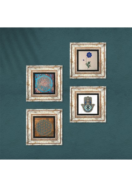 Stone Yaşam Çiçeği, Ebru Sanatı, Fatma Ana Eli (Hamsa) Çerçeveli Taş Duvar Tablosu 4’lü Set - Dekoratif Modern Sanat, Ev ve Ofis Dekoru |TK4-408| fırsatları